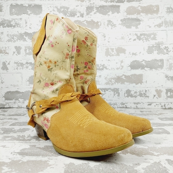 Santa Fe Yellow & Cream Leather Floral Western Heeled Bootie C702 - Picture 4 of 11